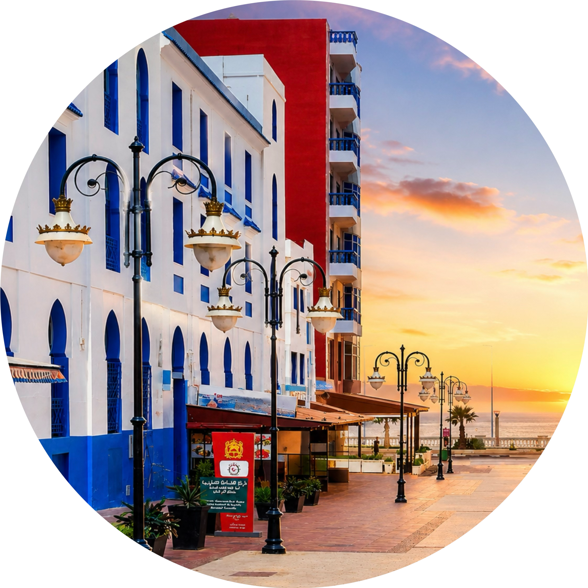 Larache seaside promenade at sunset