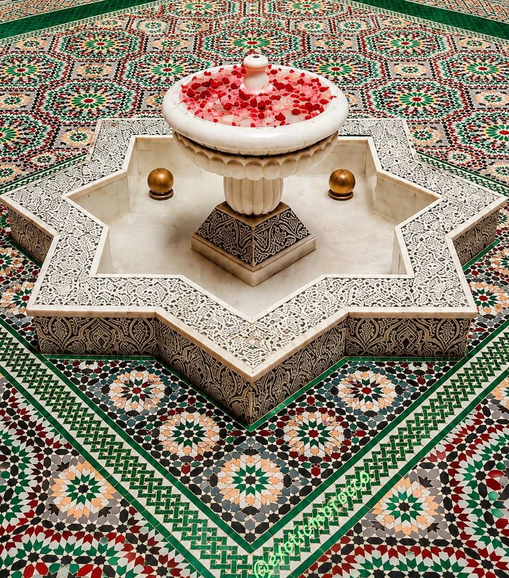 Moroccan zellige fountain and geometric tilework