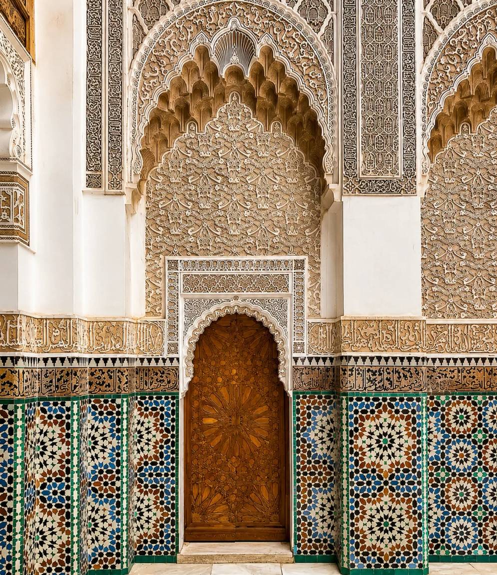 Moroccan carved doorway with zellige and plasterwork