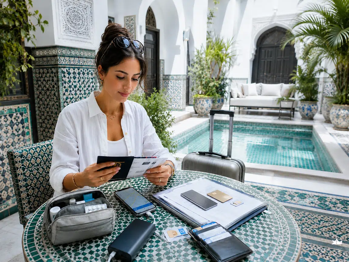 Moroccan tea and travel planning on a coastal terrace