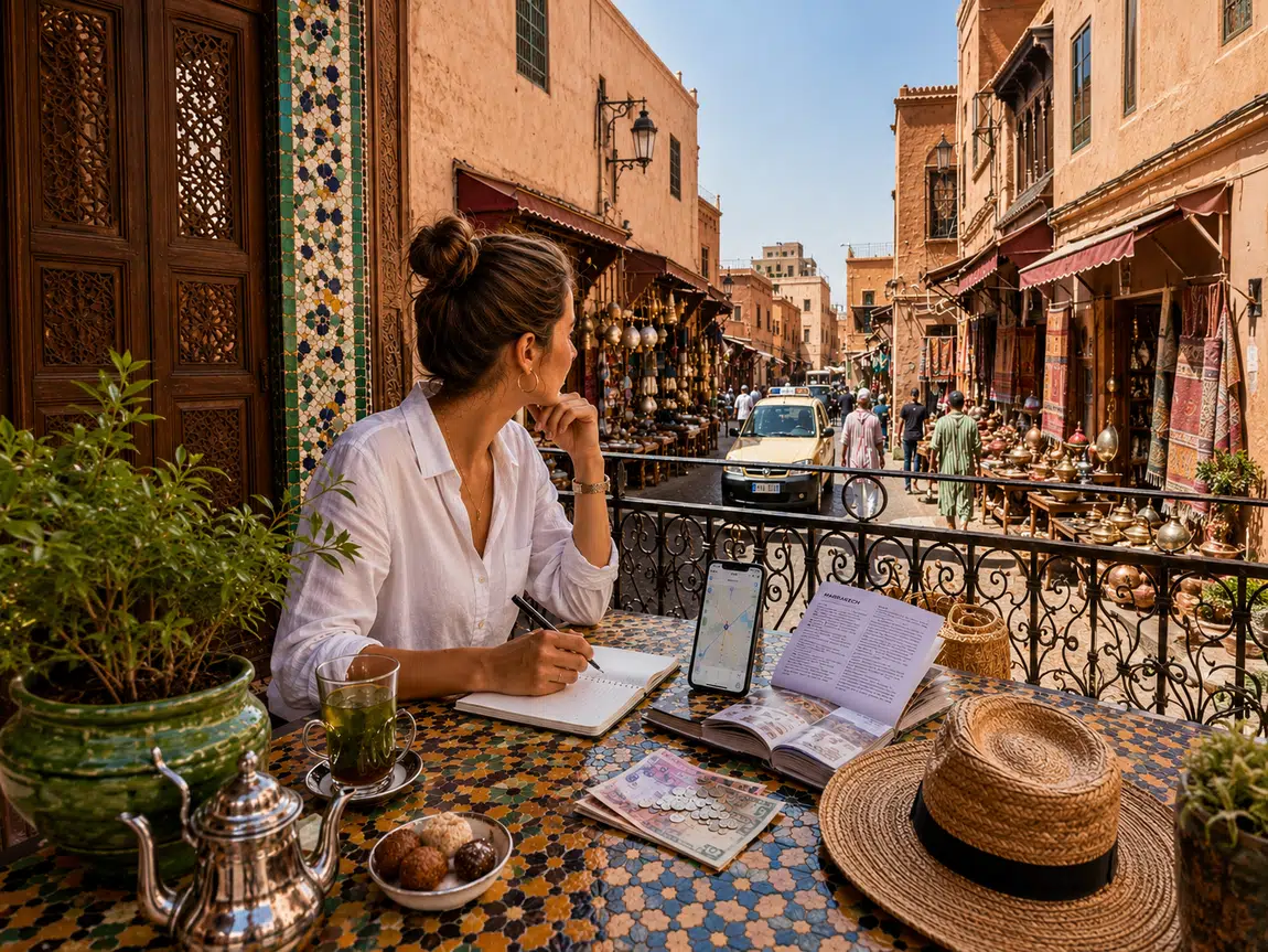 Traveller reflecting in a Moroccan market street