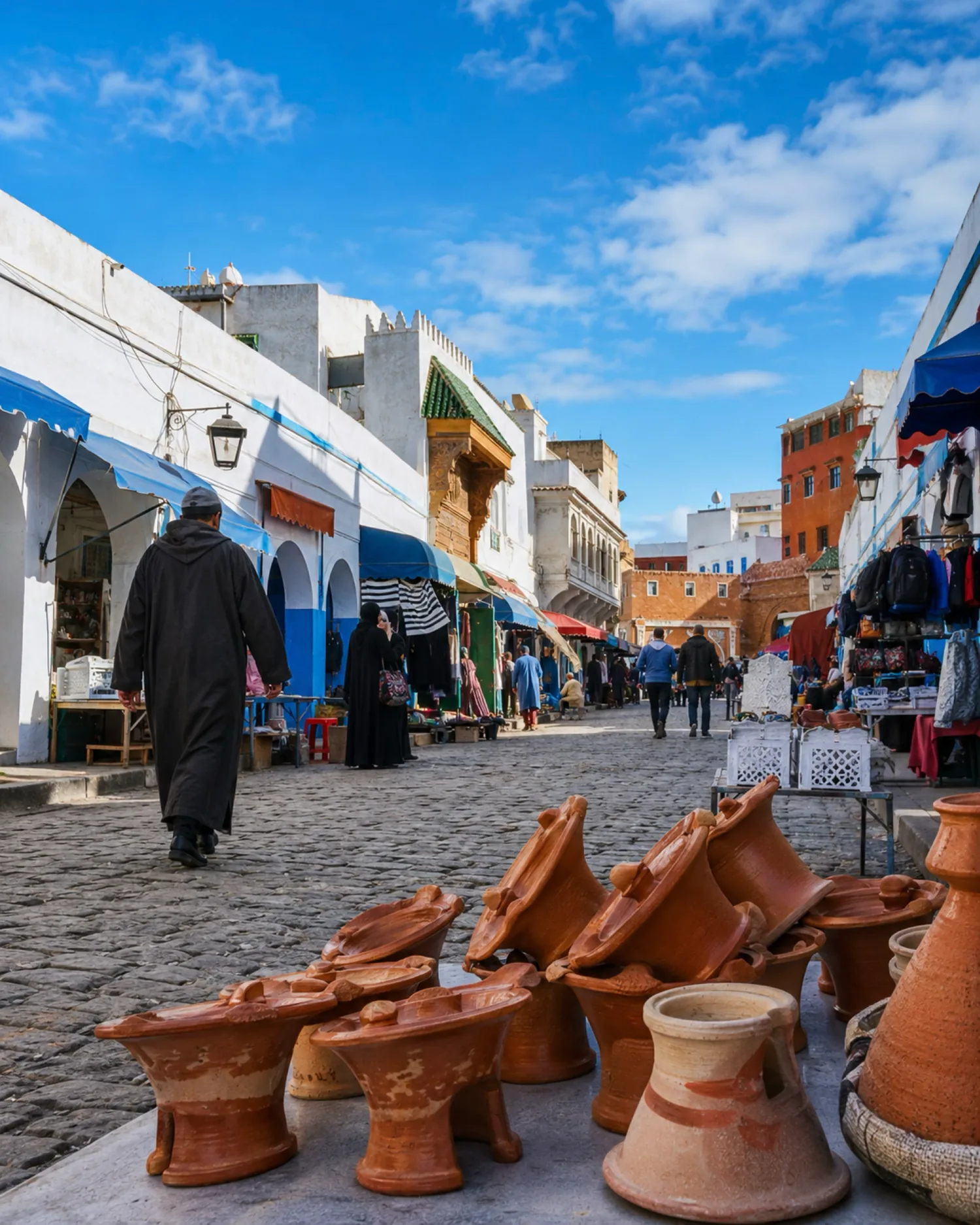 Larache medina street with pottery and market life