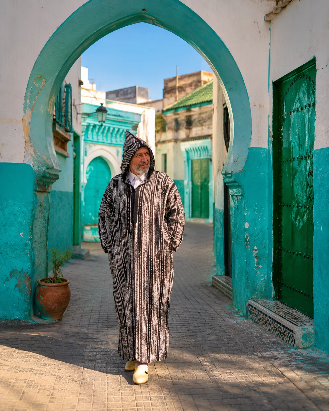 Man wearing a traditional djellaba in Ouazzane medina