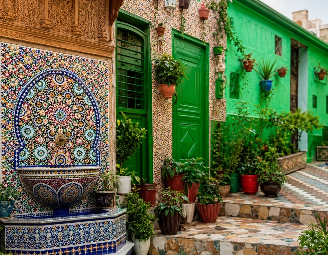 Zellige courtyard and sacred architectural detail in Ouazzane