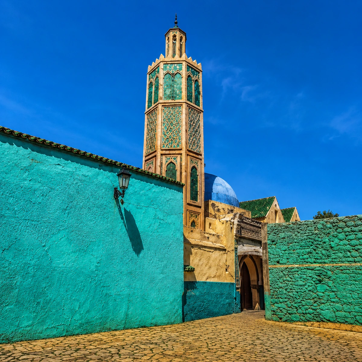 Clear view of Ouazzane octagonal minaret