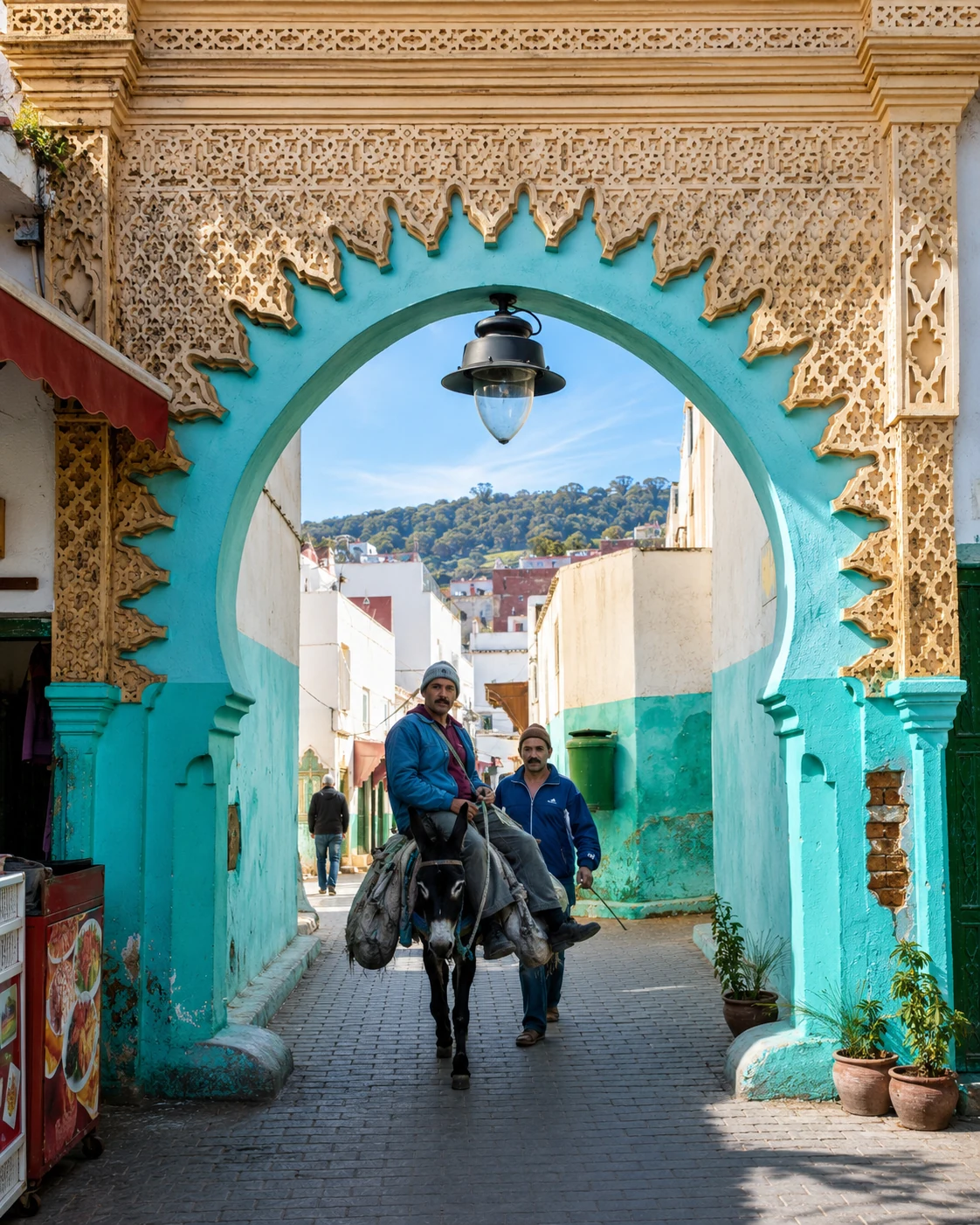 Ornate turquoise gate with daily life in Ouazzane medina