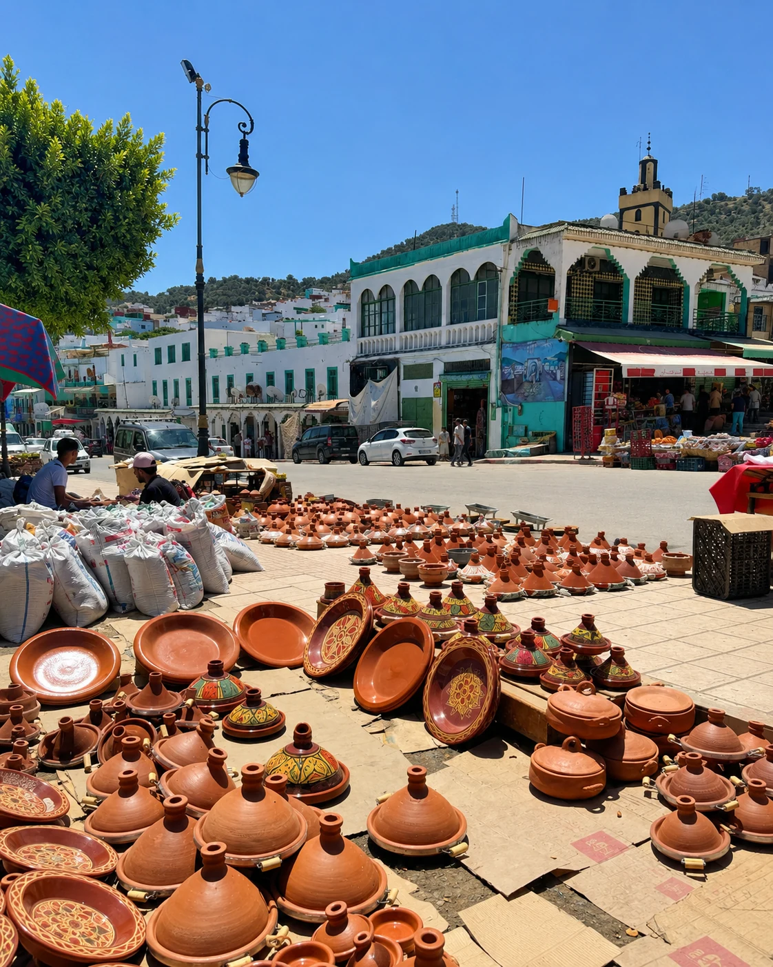 Tagines and pottery in a market square in Ouazzane