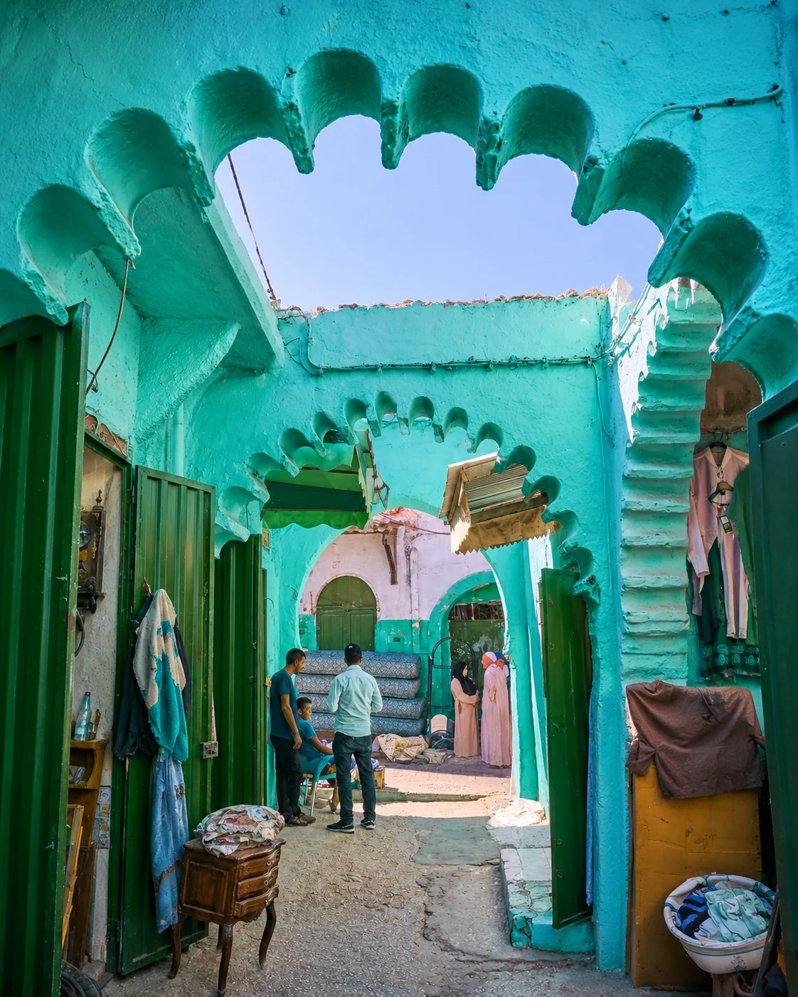 Turquoise arched passage and local life in Ouazzane