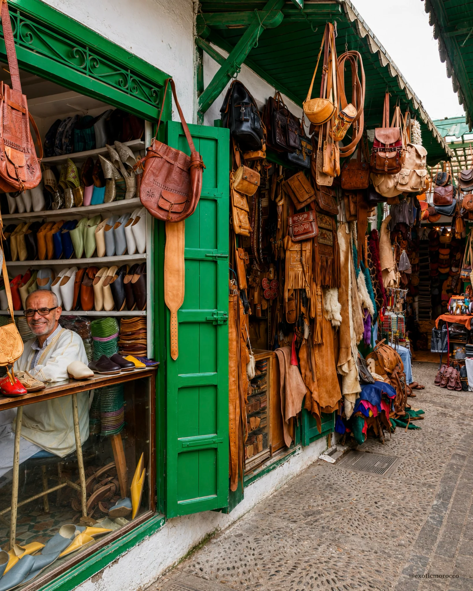 Leather crafts and a shopkeeper in the medina of Tétouan